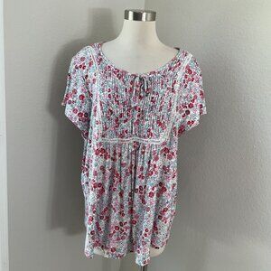 Tommy Hilfiger Womens Plus 2X Floral Short Sleeve Blouse Pleated Front Boho Top